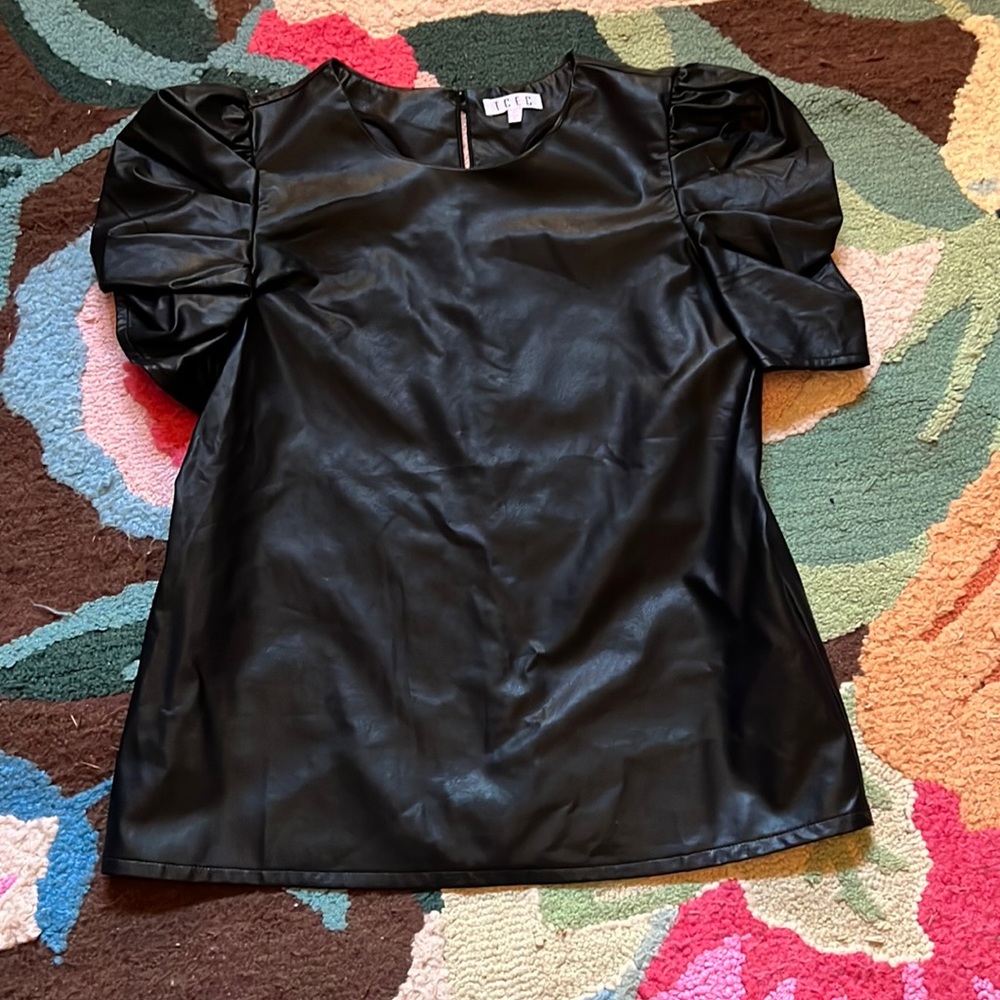 Black Vegan Leather Puff Sleeve Top